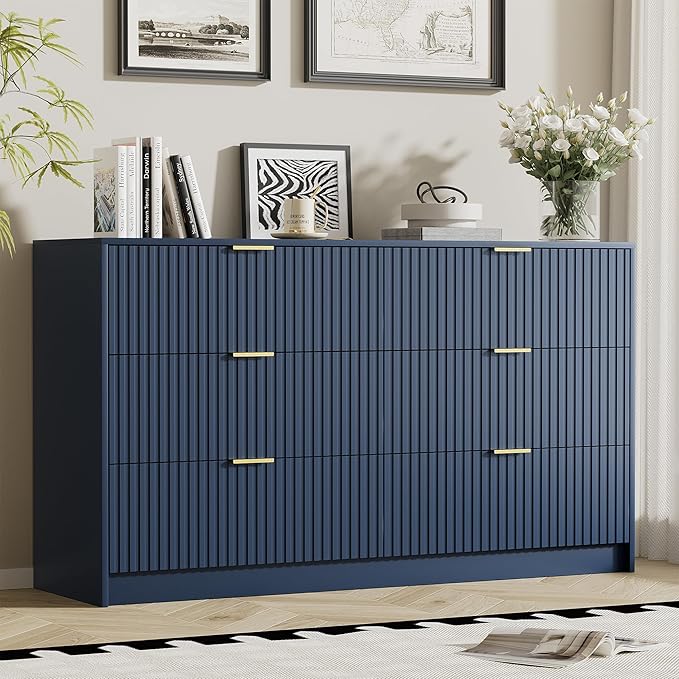 Furniway Blue Dresser Bedroom Set 3 Pieces, Nightstands Sets of 2, 6 Drawer Dresser with Gold Handles for Bedroom