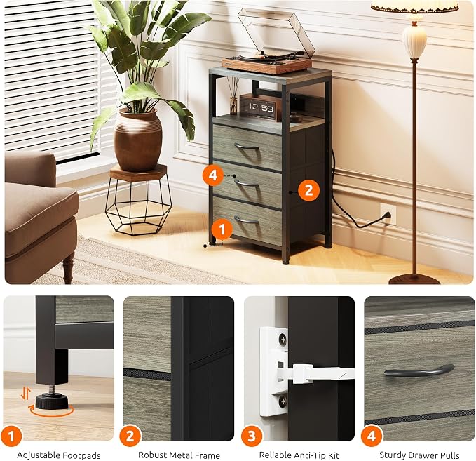Lazzanto NightStand Bedside Charging Table Bedroom - Night Stand with Charger Station, Modern Nightstand with Open Shelf & 3 Fabric Drawers, End Table with USB-C USB Ports & AC Outlets for Dorm, Grey - Image 7