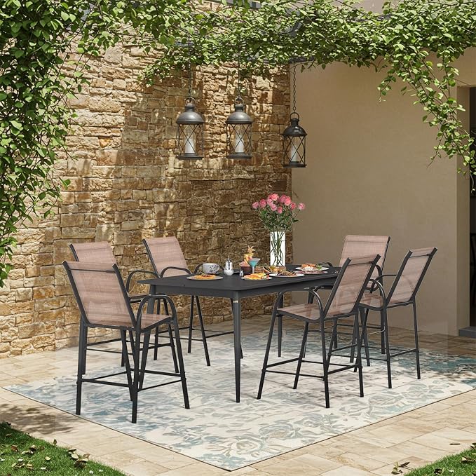 HOMREST Outdoor Bar Height Stools Set of 6,High Back Patio Chairs with Armrests,Textilene Chairs with Breathable Fabric & Metal Frame for All Weather,Brown - Image 2