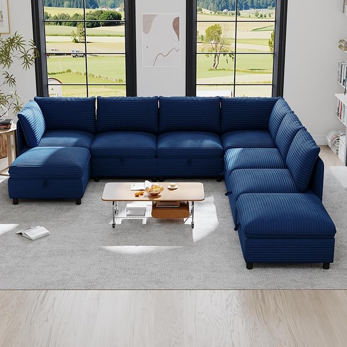 ERYE Modern Modular Storage Sectional Sofa, U/L Shaped Corduroy Modular Sofa Couch W/Movable Ottoman & Seat, 8 Seater Corduroy Upholstered Sofa Couch for Living Room