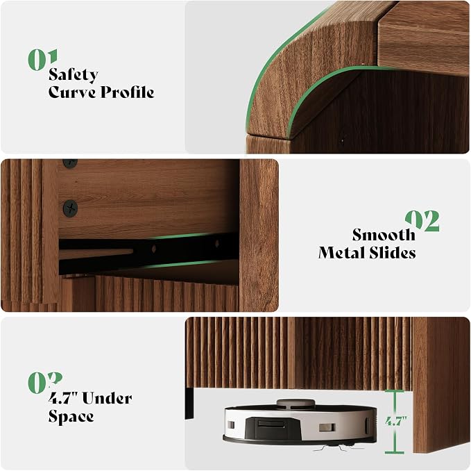 AMERLIFE Fluted Night Stand Set 2 with Storage Drawers, Modern Small Nightstand & Bedside Table with Open Shelf, Curved Profile Design & Pine Handles, Wood End Table for Bedroom, Walnut - Image 4