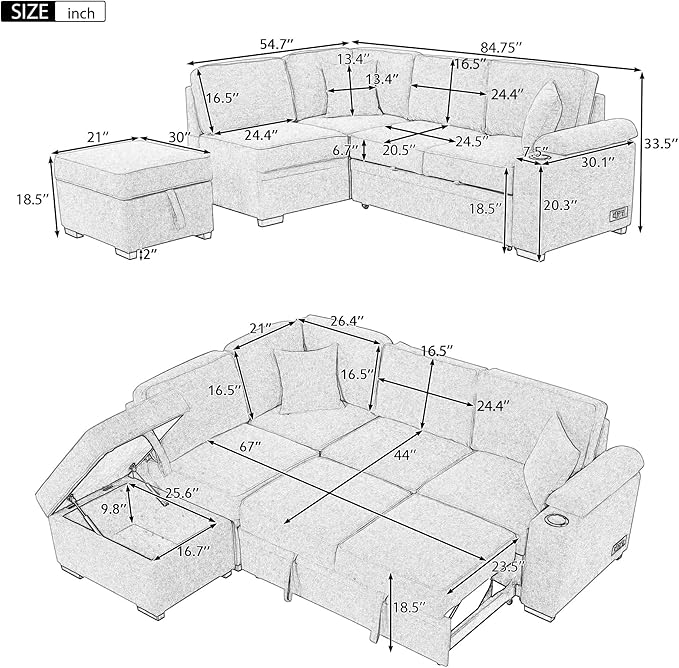 Ball & Cast 84" Convertible Sectional Sofa Bed,L-Shaped Sleeper Couch w/Storage Ottoman,Cup Holder and Charging Stations,Put Out Sofas w/Chaise,for Living Room and Small Apartment,Beige