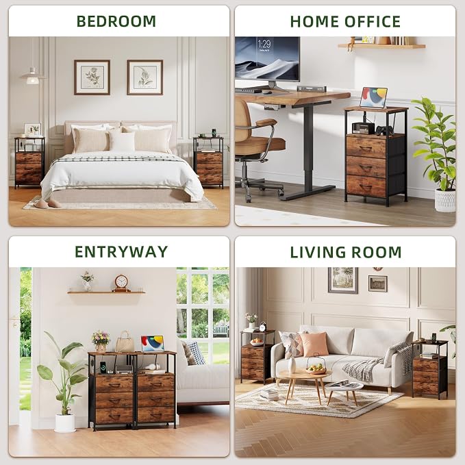 Somdot Tall Nightstand with Charging Station and LED Light for Bedroom, 3 Drawers Dresser with Fabric Bins for Bedside Kids Dorm Room Closet Laundry Entryway, Wood Grain Print - Image 8