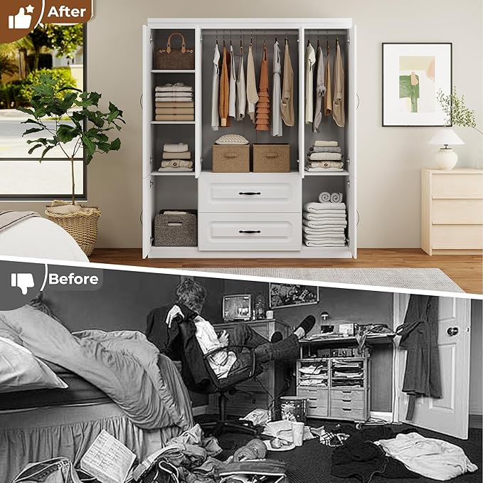 Armoire Wardrobe Closet with 2 Doors, White Cabinet with 2 Drawers and Clothes Storage Organizer, Modern Style with Hanging Rod Shleves Suitable for Bedroom(61.42" W x 20.47" D x 74" H)