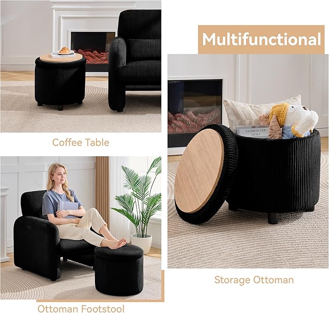 WUTUTUEE Corduroy Storage Ottoman with Flip-Top Tray, Modern Upholstered Ottoman Coffee Table, Dual Leg Options Ottoman Footrest for Living Room, Bedroom, Office, Black