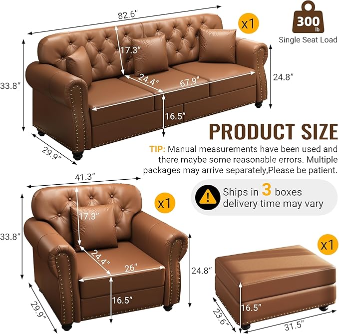KEIKI 2-Piece Chesterfield Sofa Set with 1 Faux Leather 3-Seater Sofa & 1 Single Sofa, Upholstered 4-Seater Couch Set with Nailhead Trim & Rolled Arms & 1 Ottoman & 4 Pillow, for Living Room, Brown