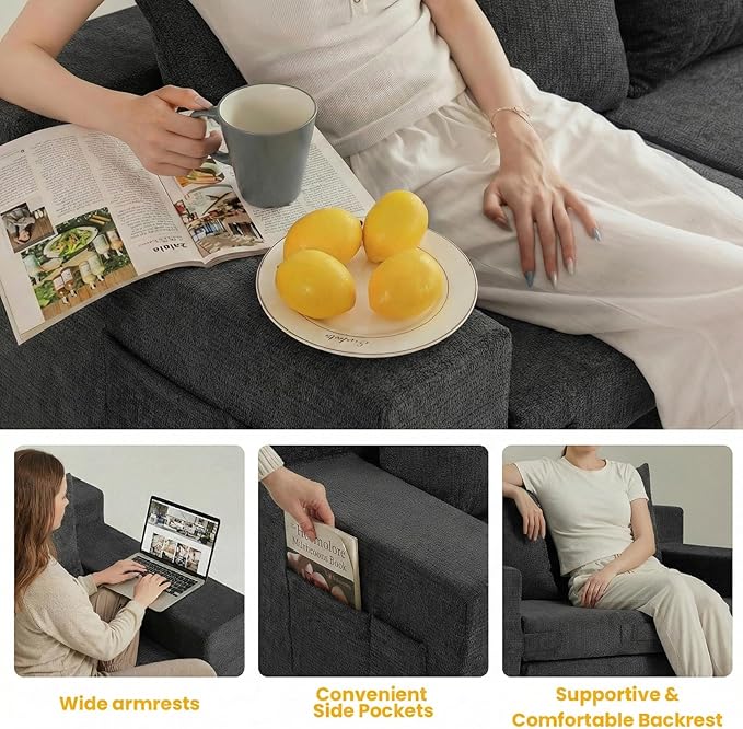 Boneless Loveseat Sleeper Sofa Bed: 3-in-1 Convertible Sofa Bed with Side Pockets & Handle,Pull Out Couch with 2 Pillows,Folding Futon for Small Space,Living Room & Bedroom,Chenille Fabric,No Assembly