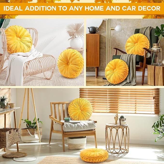 Beeveer 2 Pcs Round Throw Pillows 15 Inch Decorative Velvet Pleated Pumpkin Pillows Boho Floor Pillow with Center Button for Living Room Couch Chair Bed Sofa Home Decoration (Yellow)