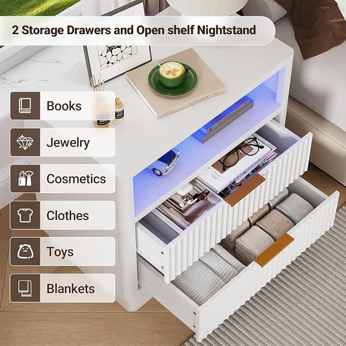 ELYKEN White Fluted Nightstand Set of 2, 24" Wide Night Stand with Charging Station & LED Light, Wooden Bedside Table with 2 Drawer & USB for Bedroom Living Room - Image 8