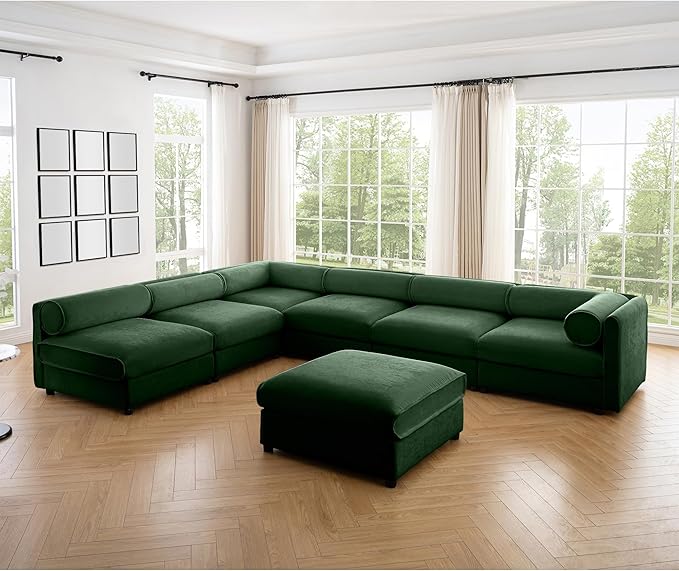 KEIKI 143" Large Modular Chenille Sectional Sofa with Storage Seat, 1 Ottoman, 6-Seater Couch with Cylindrical Backrest and 1 Armrests, Easy Assembly, for Apartment, Living Room, Green