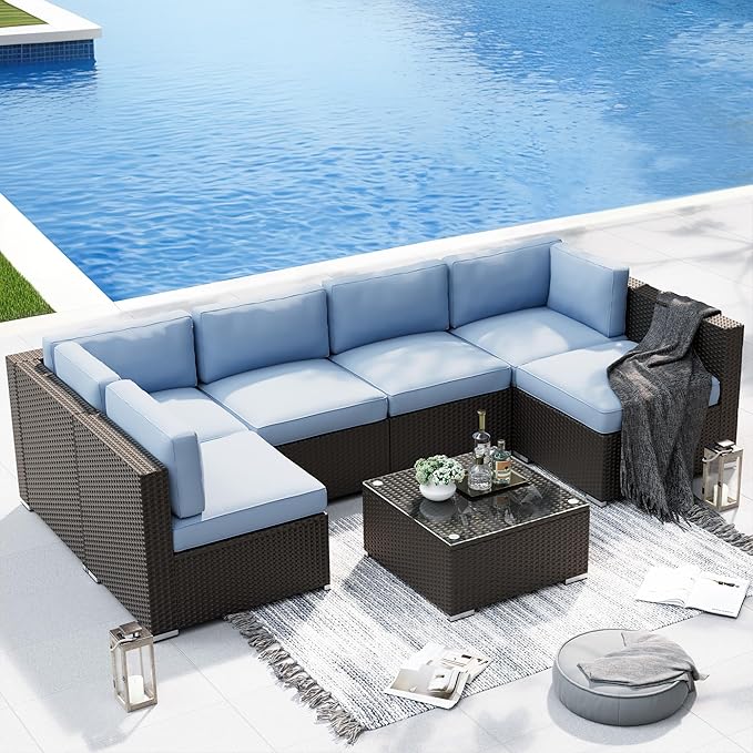 SUNCROWN 7-Piece Outdoor Patio Furniture Sofa Set All-Weather Black Wicker Sectional Conversation Set with Modern Glass Coffee Table and Cushions, Backyard, Garden, Poolside, Light Blue