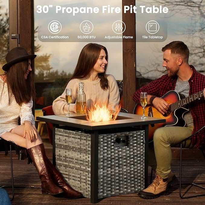 ovios 8 Pieces Patio Furniture Set with 30" Fire Pit Table, Outdoor Wicker Sofa with Comfy Cushions, All Weather High Back Rattan Couch Conversation Set, Grey