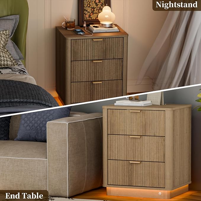 20'' Fluted Night Stand Set of 2, Curved Nightstands with Charging Station Lighting, Wood End Table with 3 Drawers, Modern Side Table Storage Cabinet for Bedroom Office,(2, Natural) - Image 6