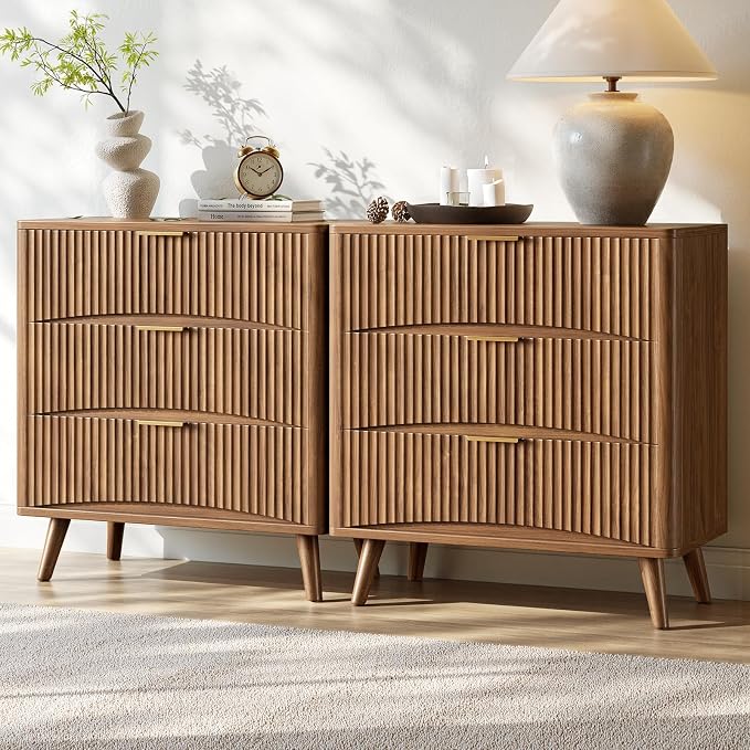Evermagin 31.5" W Oversized Nightstands Set of 2, Walnut Fluted Night Stand, Tall Large 3 Drawers Bedside Table, Mid Century Modern Side Table for Bedroom by Evermagin