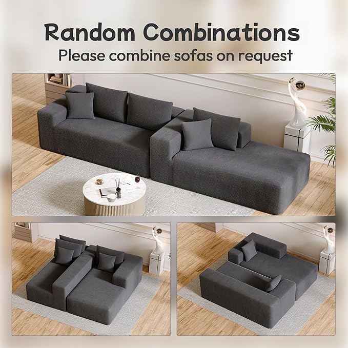 104” Sectional Cloud Couch, L-Shape Compressed Sofa with Left Chaise Lounge, Modular Cloud Couch with 2 Pillows & Deep Seat, Rain Drop Velvet Floor Sofa for Living Room, Dark Gray