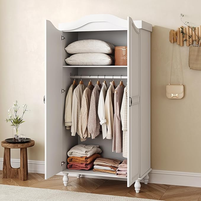 Arched Armoire Wardrobe Closet with 2 Doors, 71" H Wooden Wardrobe Cabinet with Hanging Rod and Shelves, Freestanding Armoire Storage Cabinet for Bedroom, Cloak Room, White