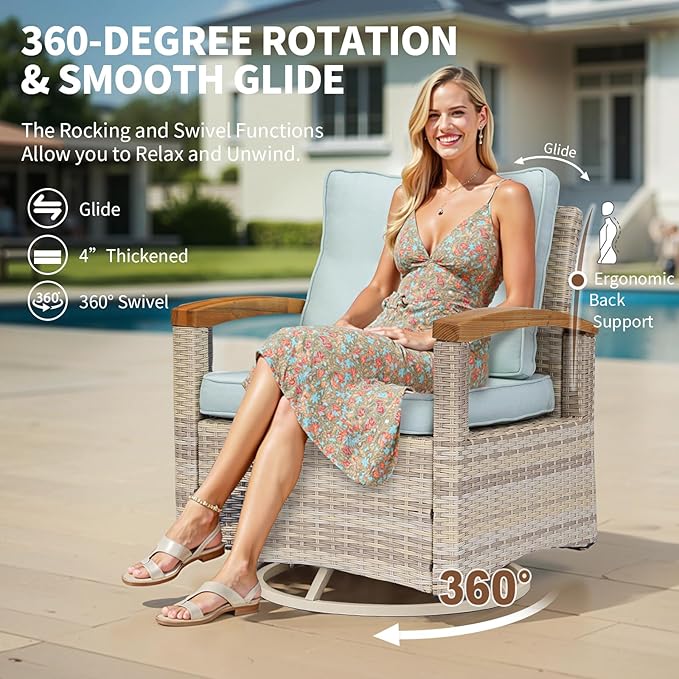 MEISSALIVVE 6 Pieces Patio Furniture Sets, Wicker Patio Conversation Sets with 4 Wood Armrests Swivel Glide Chairs，Outdoor Conversation Set for Deck Yard and Poolside (Blue)