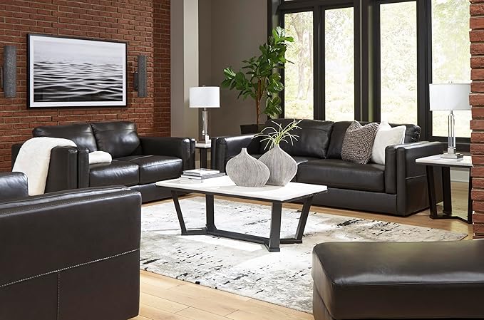 Signature Design by Ashley Amiata Contemporary Firmly Cushioned Leather Rectangular Ottoman, Black
