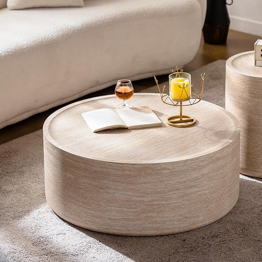 Round Coffee Table in Faux Marble, 31.5" W × 12" H Stone Coffee Tables for Living Room, Modern Drum Center MDF Vintage Design Low, Office, Apartment No Assembly Required Beige Mars