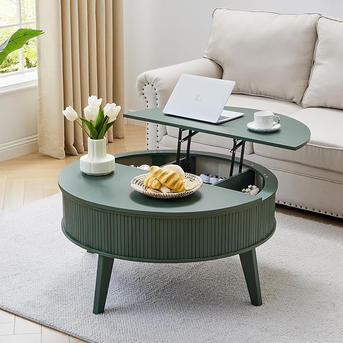 Round Lift Top Coffee Table with Storage, 35.4'' Fluted Wood Center Table Mid Century Modern Coffee Table with Lifting Top for Living Room, Office, Small Space (Green)