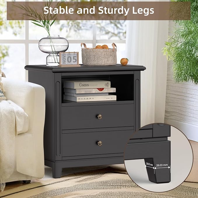 24" Wide Solid Wood Nightstand with Charging Station Set of 2, Farmhouse End Table with 2 Large Drawers & Open Shelf, Bedside Table with USB Ports and Outlets, Night Stand for Bedroom - Image 4