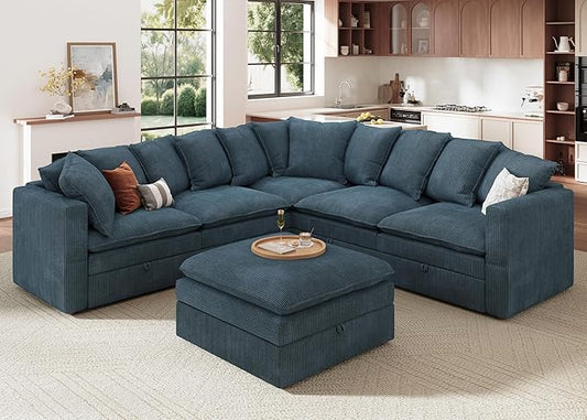 HONBAY Modular Sectional Sofa, 6 Seaters Corduroy Sectional Couchwith Ottoman, L Shaped Sofa with Storage & Pillows, Blue