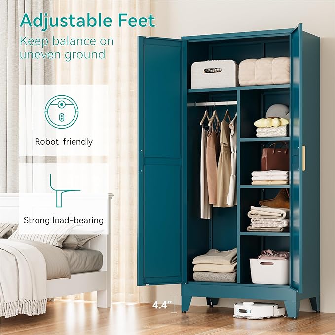 71" Tall Metal Armoire Wardrobe Closet with Hanging Rod and 3 Adjustable Shelves,Blue Storage Cabinet,Steel Wardrobe for Bedroom Garage Laundry Room Office Apartment Amployees,6 Tier,1 Pack