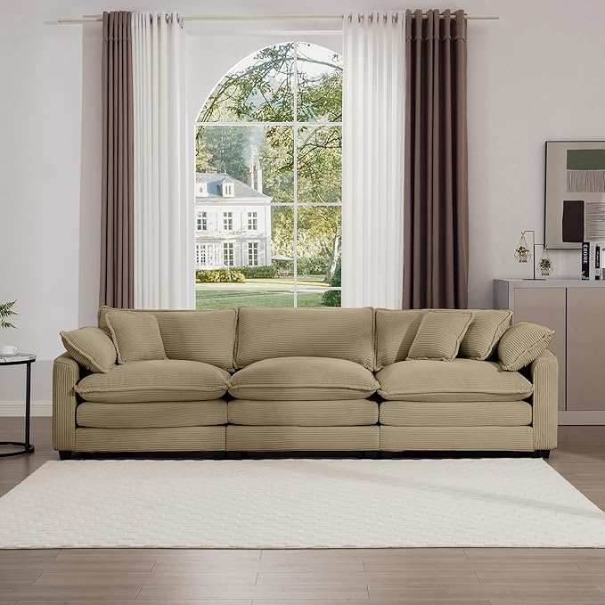 KEIKI 115" Oversized Corduroy Modular Sectional Cloud Sofa with High-Density Foam Cushions, Removable Armrests, Upholstered Modern 3-Seater Fluffy Corner Couch with 5 Pillow, for Living Room, Tan