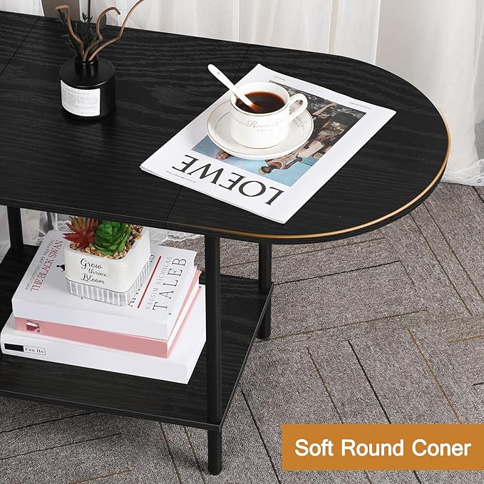 OYEAL Black Coffee Table for Living Room, 2-Tier Small Oval Center Table, Mid Century Farmhouse Round Tea Table with Storage Shelf for Small Space, Home Office, Living Room