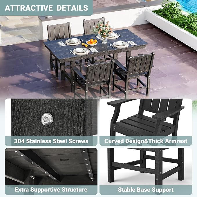 Pamapic 5-Piece Outdoor Dining Set, HDPE Outdoor Rectangular Table and 4 Chairs, Wood Grain Patio Furniture Sets with Armrest, All-Weather Patio Dining Table with Umbrella Hole, Black - Image 6