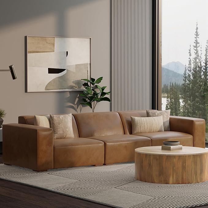 SIMPLIHOME Rex Left-Arm Sofa Module in Full-Grain Genuine Leather, Caramel Brown, 44-inches Wide, Handcrafted Modern-Style Left-Arm Accent Chair for Living Room and Family Room