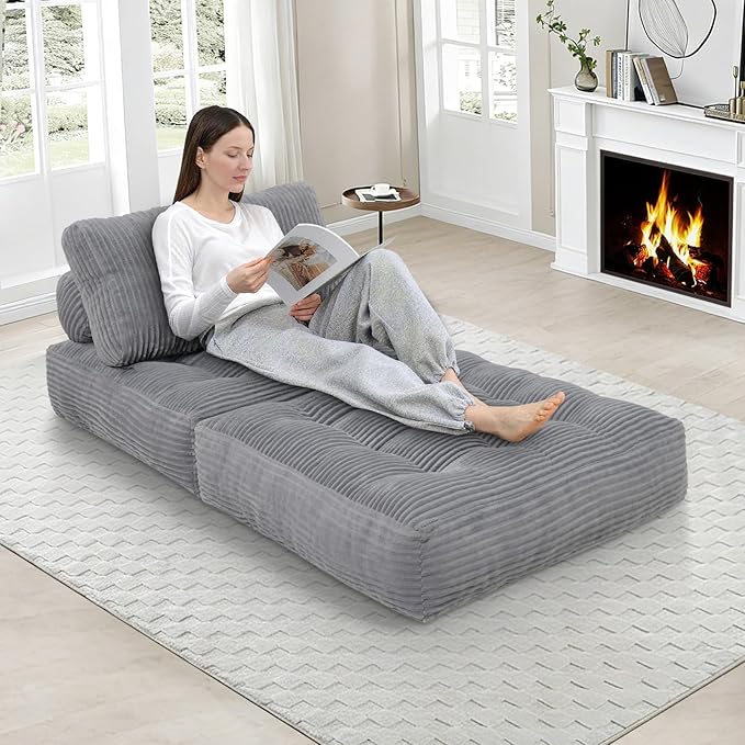 Folding Sofa Bed, Convertible Sleeper Chair with Pillow & Handle, Foldable Mattress Futon Chair Bed Lounge with Back Support, Comfy Floor Sofa for Living Room Bedroom, LightGrey, Single
