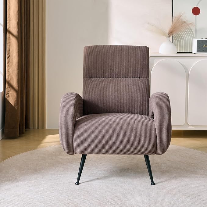 Corduroy Living Room Accent Chairs, Comfy High Back Reading Chair with Curved Arms and Solid Legs, Upholstered Armchair for Bedroom, Reading Nook, Apartment, Brown