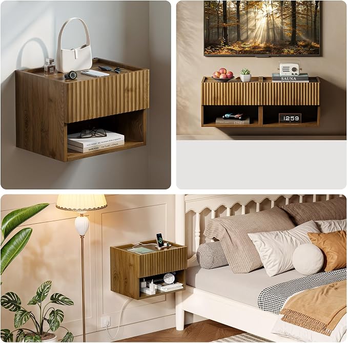 Floating Nightstand Bedroom Bedside Table - Floating Night Stand Set 2 for Small Spaces, Wall Mounted Cabinet with Storage Drawer, Brown Modern Night Stand for Dorm Hallway Entryway - Image 3