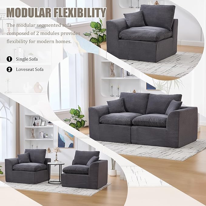 80.3" Cloud Loveseat Boneless Sofas for Living Room, 2 Seaters Modular Foam Cloud Sofa Couches, 2 Seat Compression Foam Couch with Toss Pillows, No Assembly Required