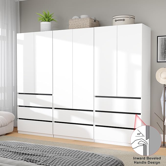 Wardrobe Closet with 6 Doors: 75" White Armoire with 8 Drawers, Wooden Wardrobe for Hanging Clothes, Tall Storage Cabinet with Shelves and Hanging Rod (B+B+A, 94.5")