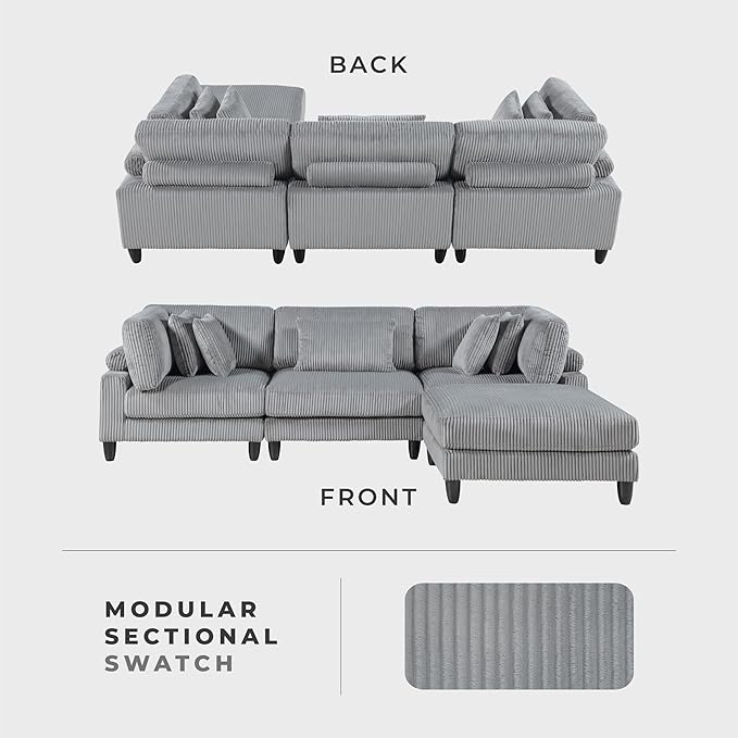 Lexicon 120 Inch Modular Sectional Sofa - Oversized 4 Seater Corduroy L Shaped Sectional Couch with Ottoman, 5 Accent Pillows, and Flexible Arrangement for Modern Living Rooms, Gray