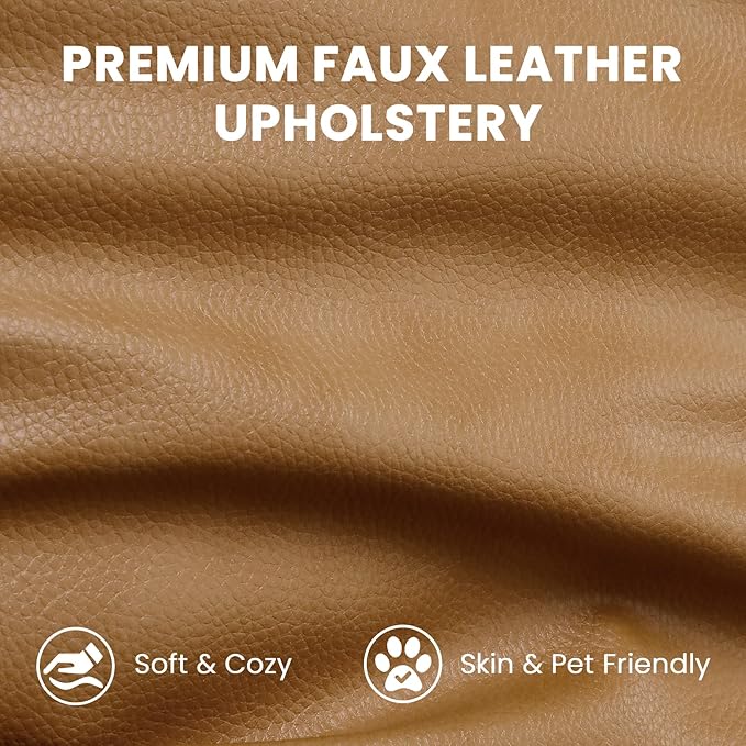 Vesgantti 100" Faux Leather Couch with Movable Ottoman, 3 Seater L Shaped PU Leather Sofa with Side Pocket, Comfy Mid Century Modern Modular Sectional Couch for Living Room, Apartment, Camel