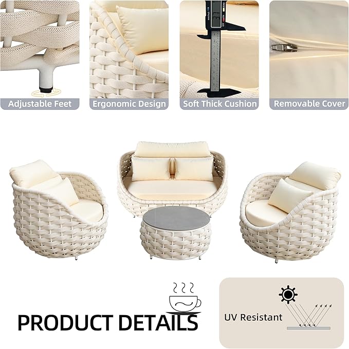 TWT Outdoor 4-Piece Conversation Set Rust Free Patio Furniture Set Already Assembled Compact-Weave Rope Olefin Modern Sofa Seating with Thick & Washable Cushions for Indoor, Backyard, Balcony, Cream