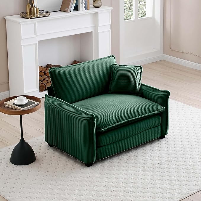 KEIKI 46" Oversized Corduroy Modular Sectional Single Sofa with High-Density Foam Cushions, Removable Armrests, Upholstered Retro 1-Seater Lounge Accent Chair with 1 Pillow, for Living Room, Green