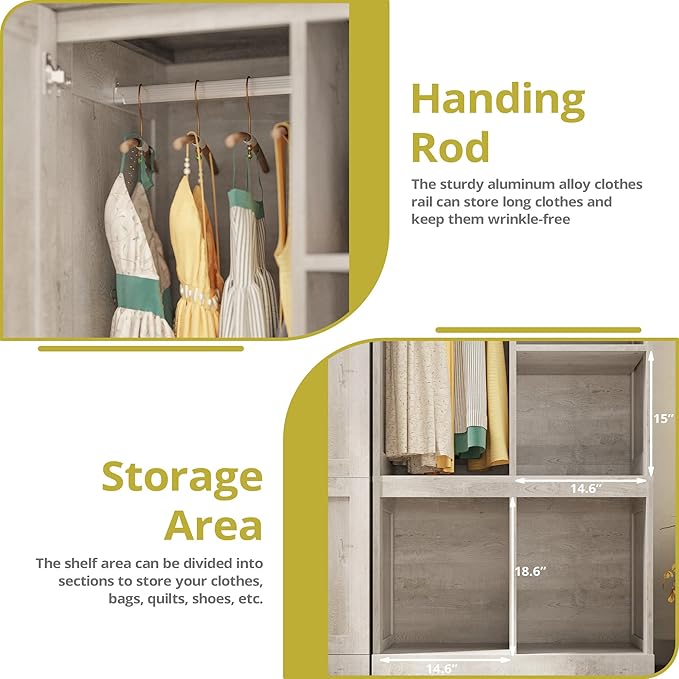 LIKIMIO Large Wardrobe Closet, Farmhouse Clothing Storage Cabinet with Hanging Rod and 2 Doors, Wooden Tall Bedroom Armoires with Storage Shelves, Rustic White