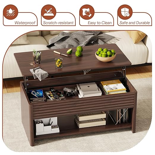 Fluted Lift Top Coffee Table for Living Room, Small Coffee Table with Storage Hydraulic Lift Large Capacity, Sturdy Legs Safe Round Corner, Easy Assembly for Small Spaces, Horizontal Grain-Brown