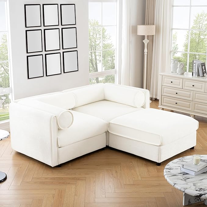 KEIKI 76" Modular Loveseat Chenille Sectional Sofa with Storage Seat and 1 Ottoman, Modern Style 2-Seater Couch with Cylindrical Backrest and Armrests, Easy Assembly, for Apartment, Living Room, White