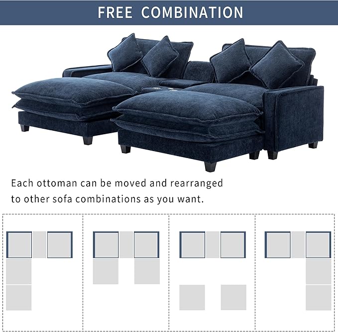 Sectional Sofa Chenille Upholstered with 2 Removable Ottoman, 2 USB Ports, 2 Cup Holders Large Storage Box for Living Room