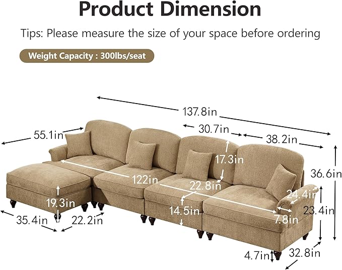 KEIKI Mid Century Modular Sofa with Flared Arms and Skirted Design, 137“ Oversized 4-Seater with Ottoman Luxury Chenille L-Shaped Sectional Couches for Living Room, Chaise Lounge Indoor, Light Coffee