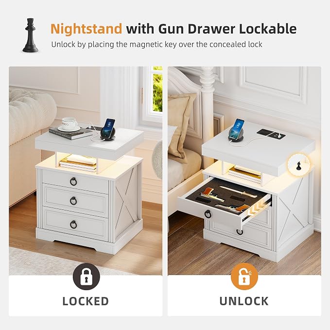 Gurexl Farmhouse Night Stand with Lockable Gun Drawer,LED Nightstand with Charging Station,Bedside Table with Human Sensor 3-Color Lights,End Table with 3 Drawers,Bedroom,White - Image 5