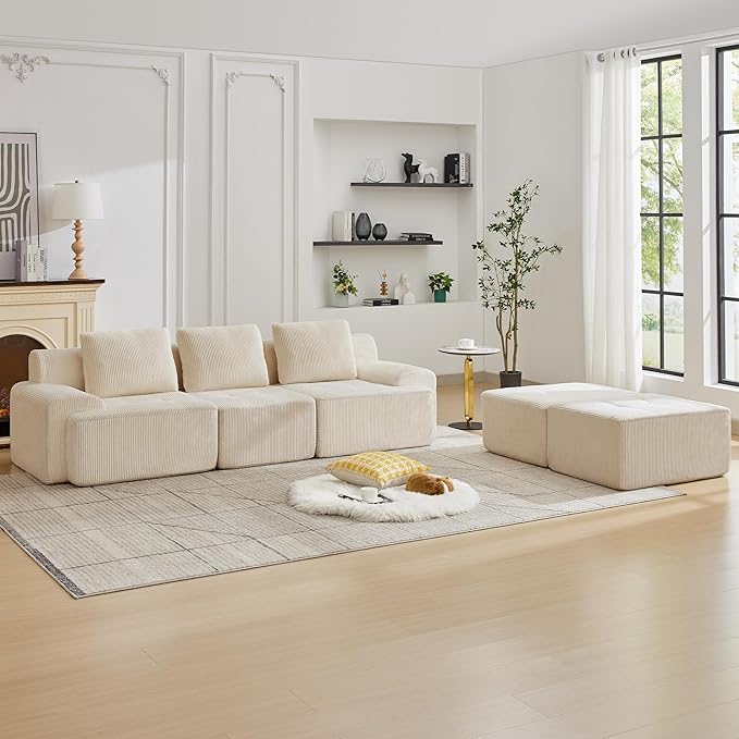 Modular Sectional Sofa with Movable Ottoman, 3 Seat Deep Seat Couch with 3 Pillows, Comfy Cloud Sectional Sofa for Living Room, Bedroom and Apartment (White, 1 Left+1 Right+1 Middle+2 Ottoman)