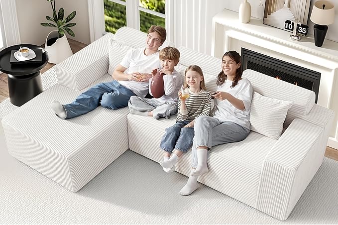 Homguava Modular Sectional Couches for Living Room,105" Cloud Couch with L-Shape Chaise,Comfy Sofa Living Room Sofas with Deep Seat,No Assembly L Couch,Corduroy Fabric(Beige,R)