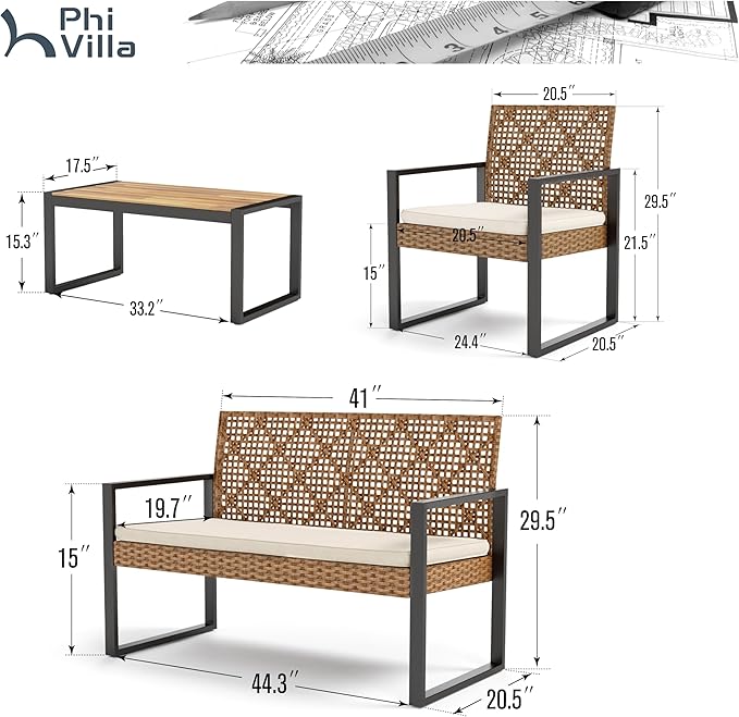 PHI VILLA Wicker Patio Furniture Set for 4, Rattan Loveseat & Chairs with Beige Cushions & Acacia Wood Coffee Table, Outdoor Modern Sectional Conversation Sofa Set for Deck, Yard, Porch