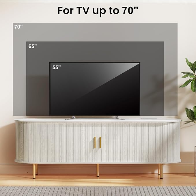 DHH 63 Inch Mid Century Modern TV Stand with Power Outlet for TVs up to 70 Inch, Entertainment Center with Storage and Adjustable Shelves, Media Console with Sliding Doors for Living Room(White) - Image 3